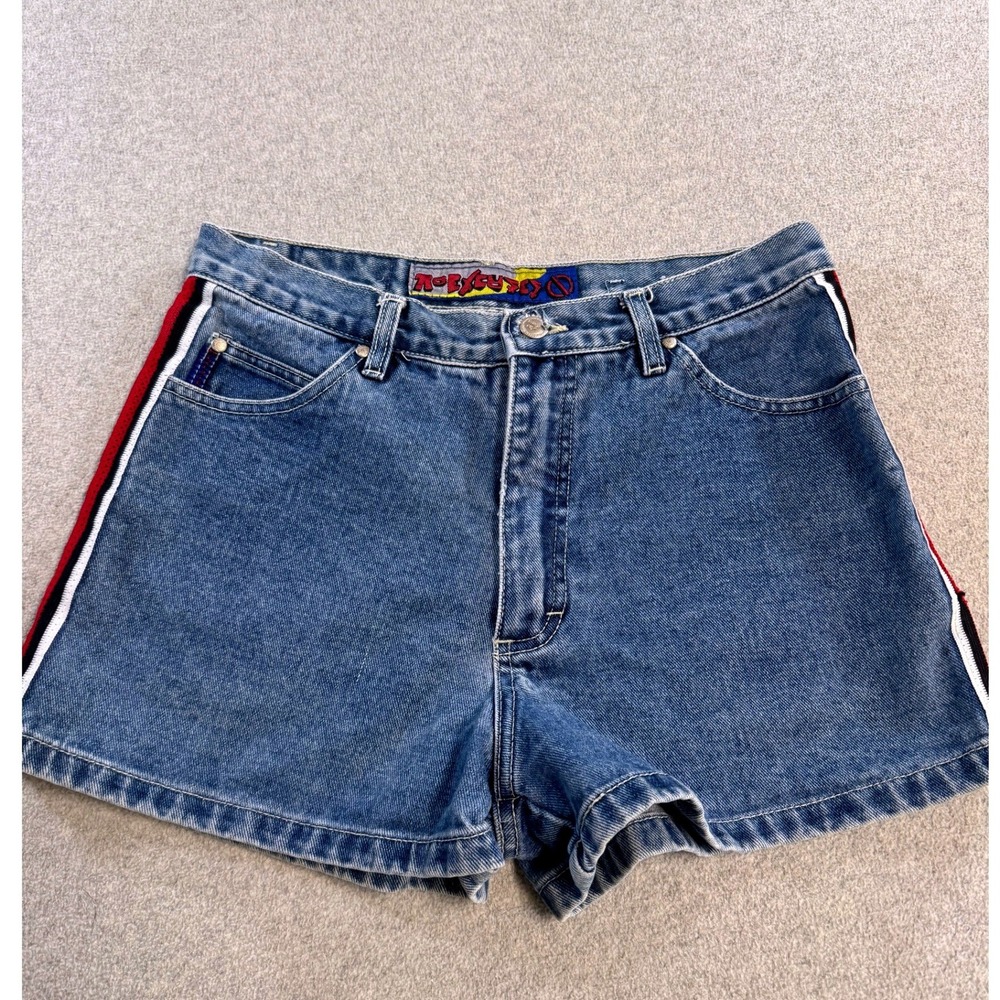 No Excuses Womens Denim Shorts 9/10 Blue Jean Shorts Side Stripe Y2K Vintage